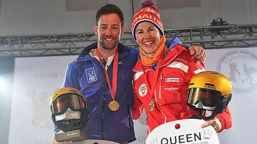 Den begehrten goldenen GIRO Helm und dieses Jahr auch einen Ford Kuga zum kostenlosen Gebrauch für ein Jahr erhielten dieses Jahr Beatrice Zimmermann von der Skischule Engelberg und Schimun Grass von der Skischule Suvretta, St. Moritz (Foto: z. Vgf)