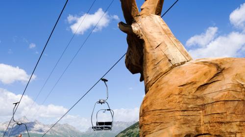 Steinbockfigur von Holzbildhauer Reto Grond auf der Alp Languard. Foto: Jon Duschletta