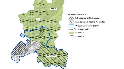 Il proget prevezza üna parc da natüra ed ün reservat da biosfera sur tuot il perimeter dals cumüns da Val Müstair, Scuol e Valsot (grafica: mad).