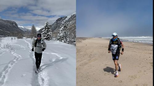 Foto: Roberto Rivola im Training zum Morteratschgletscher (links) und in der Wüste Namibia. Fotograf: z. Vfg