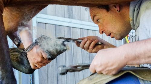 Hufschmied Curdin Joos aus S-chanf passt ein Hufeisen an. Foto: Jon Duschletta