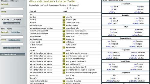 Il dicziunari online da l’UdG spordscha divers avantags: Uschè es «zoppà» davo mincha «V» verd üna glista culla conjugaziun dal verb correspundent. 		funtana: UdG