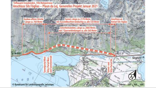 Planskizze mit den vorgesehenen Massnahmen. Quelle: TBA Graubünden/swisstopo