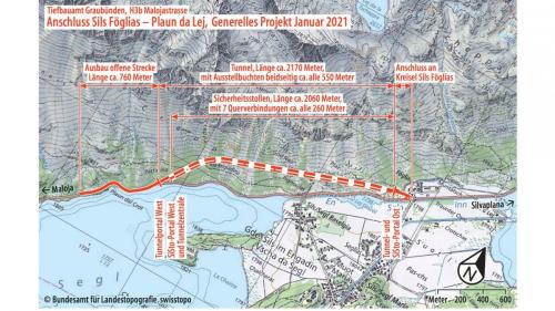 Die Grundstückbesitzer, die vom Bauprojekt als Bodenbesitzer im Gebiet des Kreisels Sigl Föglias direkt betroffen wären, fordern eine frühzeitige Partizipation. 	Grafik: TBA Graubünden / Swisstopo