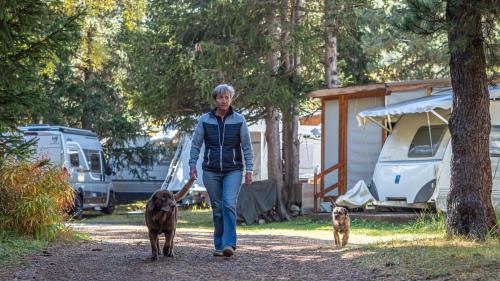 Die 64-jährige Camping-Wartin Brigitte Conte bei einem Rundgang mit Zambo und Gin auf «ihrem» TCS Campingplatz Samedan. 				Foto: Daniel Zaugg