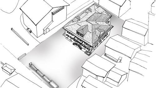 Das Gemeindehaus im Zentrum, ein Brunnen statt einer Mauer – so sieht es das derzeitige Konzept zur Neugestaltung des Silser Dorfplatzes vor. Visualisierung: Pensa Architekten AG