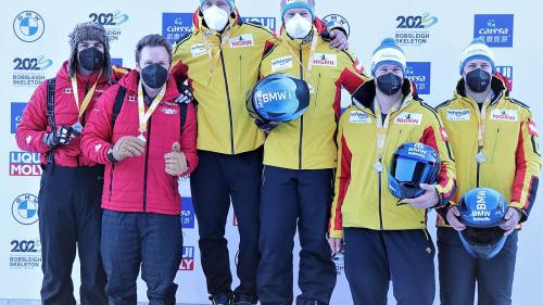 Bronze, Gold und Silber gingen an die Teams Kripps (CAN), Friedrich (GER) und Lochner (GER), von links. Foto: z. Vfg