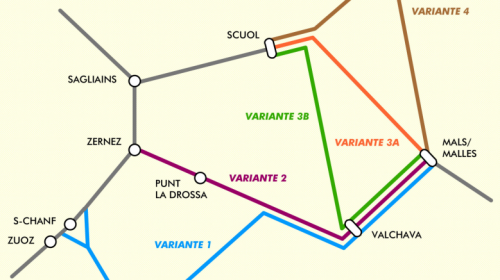 Las quatter variantas per üna colliaziun traunter l’Engiadina, l’Italia e l’Austria. In duos fin trais ans vessan las quatter regenzas da las regiuns ​​​​​​​invoutas da  chatter la varianta finela pel proget (fotografia: mad).