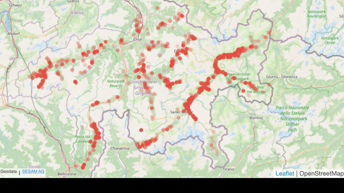 La charta da web actuala da l’Uffizi da chatscha e pes-cha, chi indichescha observaziuns da lufs. In tuot l’Engiadina haja dürant quist inviern dat bleras da  quistas observaziuns (illustraziun: Uffizi da chatscha e pes-cha Grischun).