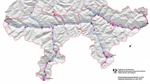 Die Landkarte zeigt einen Überblick über die Baustellen dieses Sommers in den Bezirken 2 (Unterengadin, Val Müstair, Samnaun) und 3 (Oberengadin, Bergell, Poschiavo).   Grafik: Urs Zuber/Tiefbauamt Graubünden