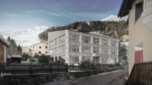 Il proget vandscheder «Après-Ski» ho pudieu persvader la giuria da Zuoz scu nouv edifizi da scoula pel ciclus 1, la scoulina e las prümas duos classas primaras da la vschinauncha da Zuoz (fotografia: Vschinauncha da Zuoz).