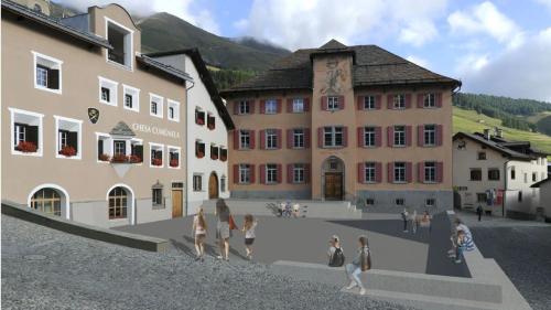 Visualisaziun da la plazza da scoula a Zuoz gualiveda e circundeda d’ün baunchin da betun (illustraziun: mad).