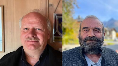 Gian Andrea Bott (a schnestra) e Luzi A. Parli candideschan per la carica da president cumünel a S-chanf (fotografias: RTR).
