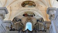 Die prächtigen Deckenmalereien und die Orgel der Klosterkirche Disentis beeindruckten die Reisegruppe aus Pontresina. Foto: Margit Rothwangl